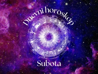 Zodijački krug na ljubičasto-plavoj svemirskoj pozadini sa natpisima ‘Dnevni horoskop’ i ‘Subota’