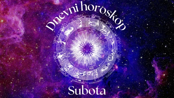 Dnevni horoskop – Subota Zodijački krug na ljubičasto-plavoj svemirskoj pozadini sa natpisima ‘Dnevni horoskop’ i ‘Subota’